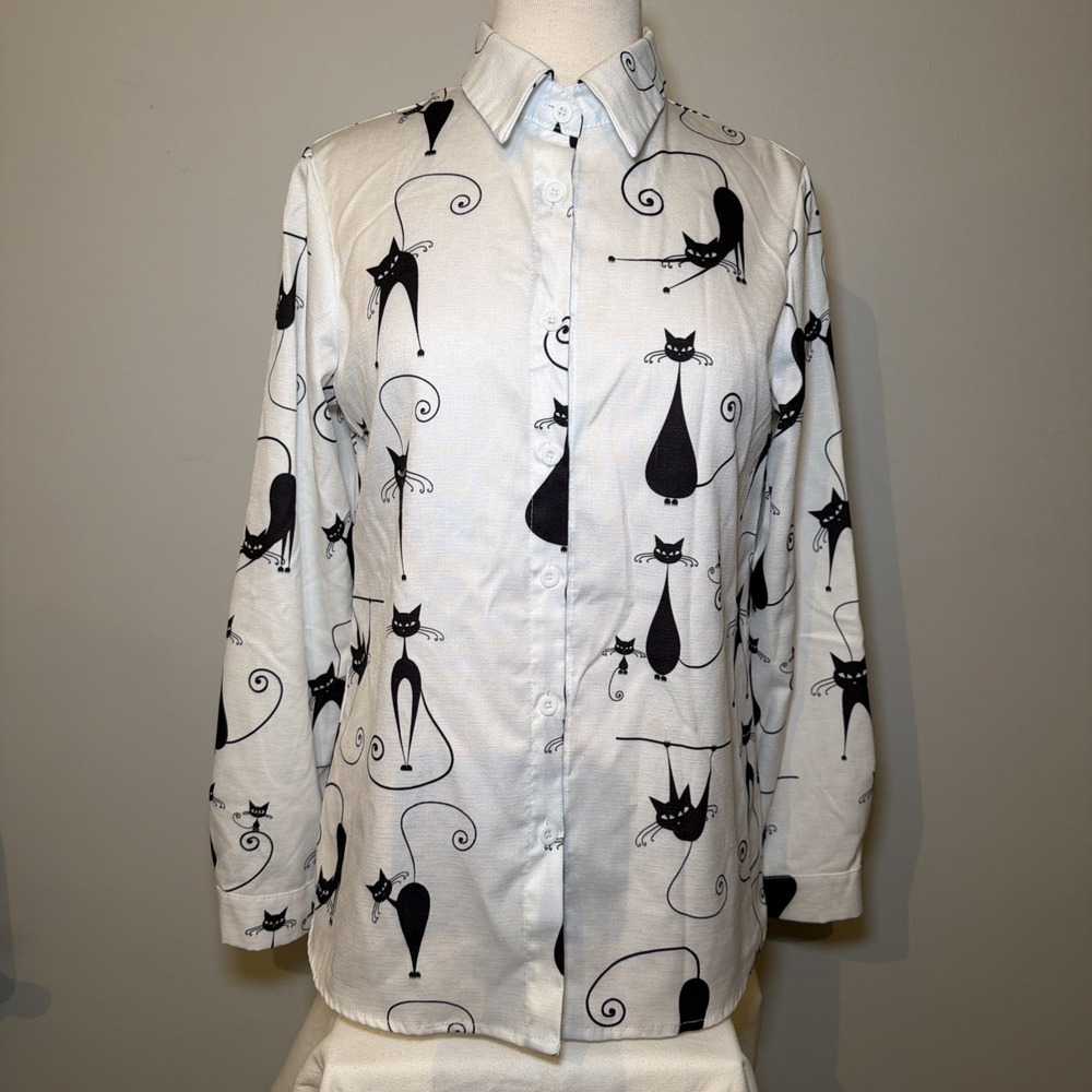 Women's Black Cat Shirt Button Up White Collar Long Sleeve Halloween Medium